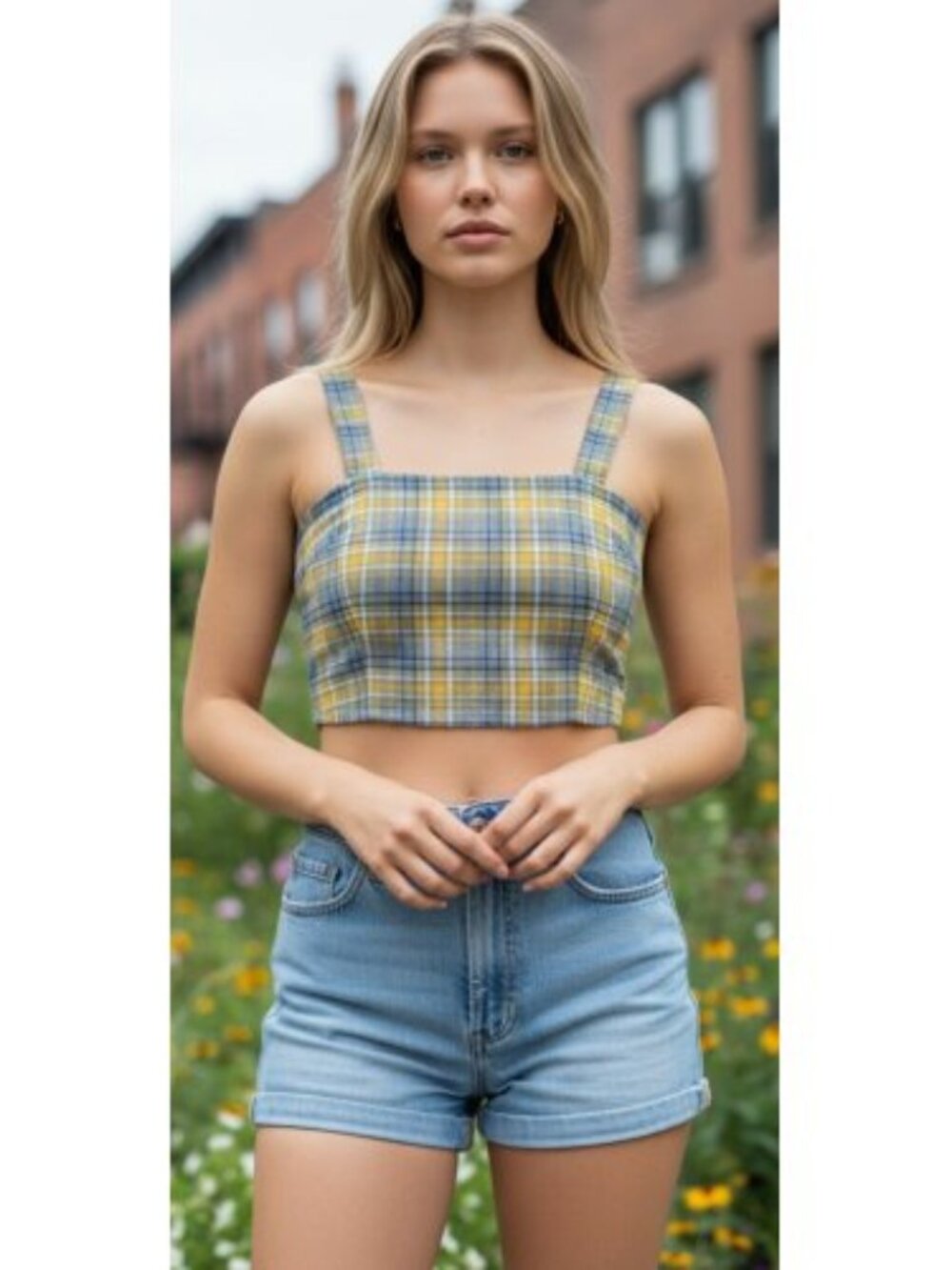 BETTER BE Gray and Yellow Plaid Crop Top Juniors MEDIUM